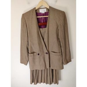 Michelle Stuart Vintage Tan Houndstooth Blazer Pleated Midi Skirt 2 Piece Set 8